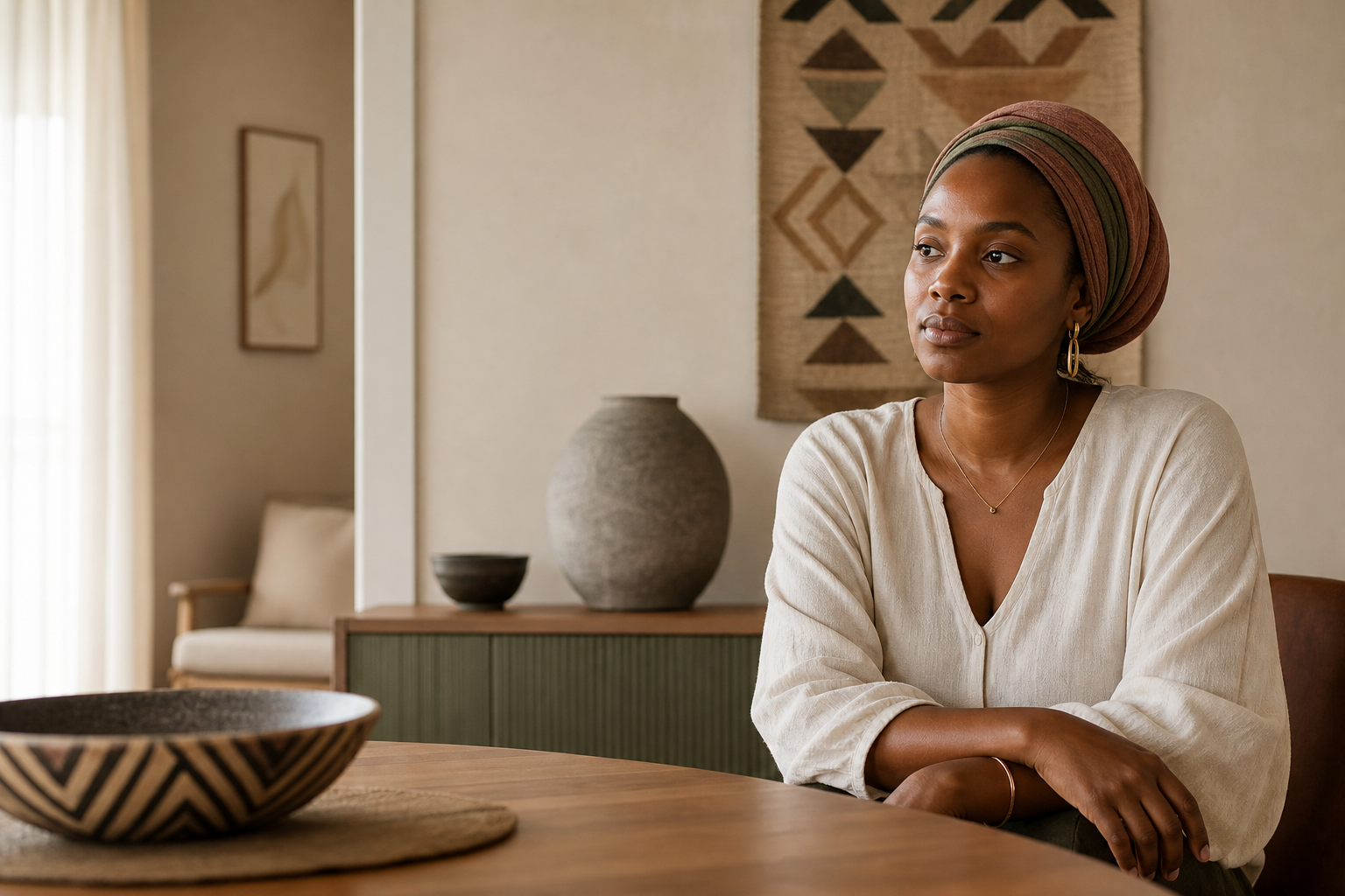 African woman sitting calmly in reflective natural light