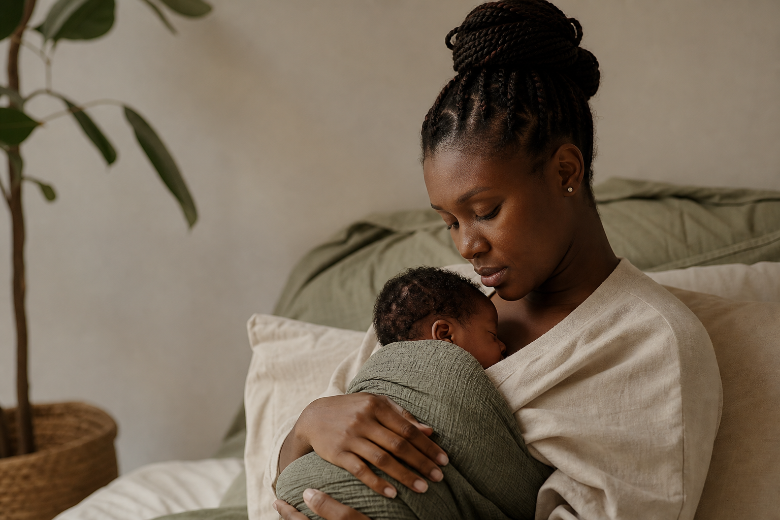 African mother holding a newborn in calm natural light