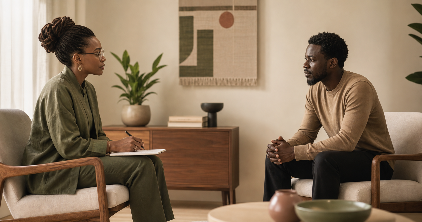 African therapist and client in a calm professional care conversation